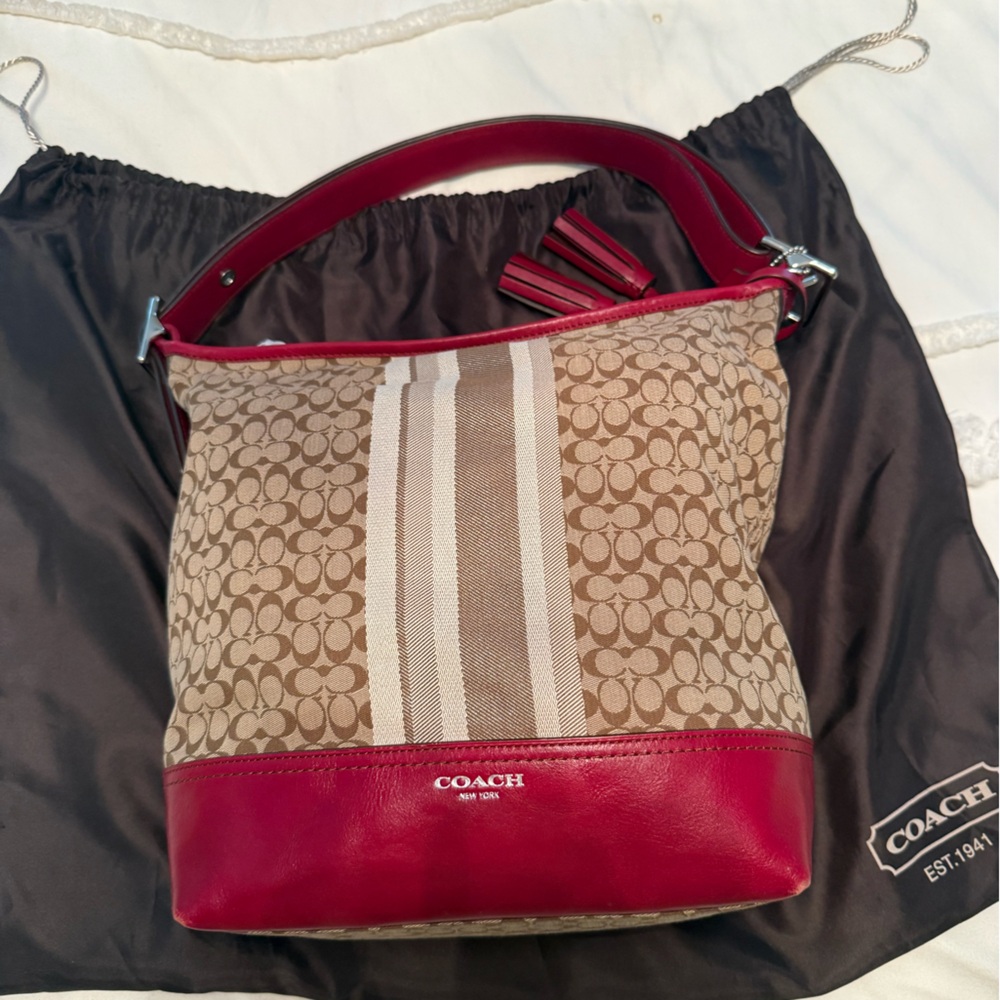 Coach Red and Brown Signature Shoulder Bag